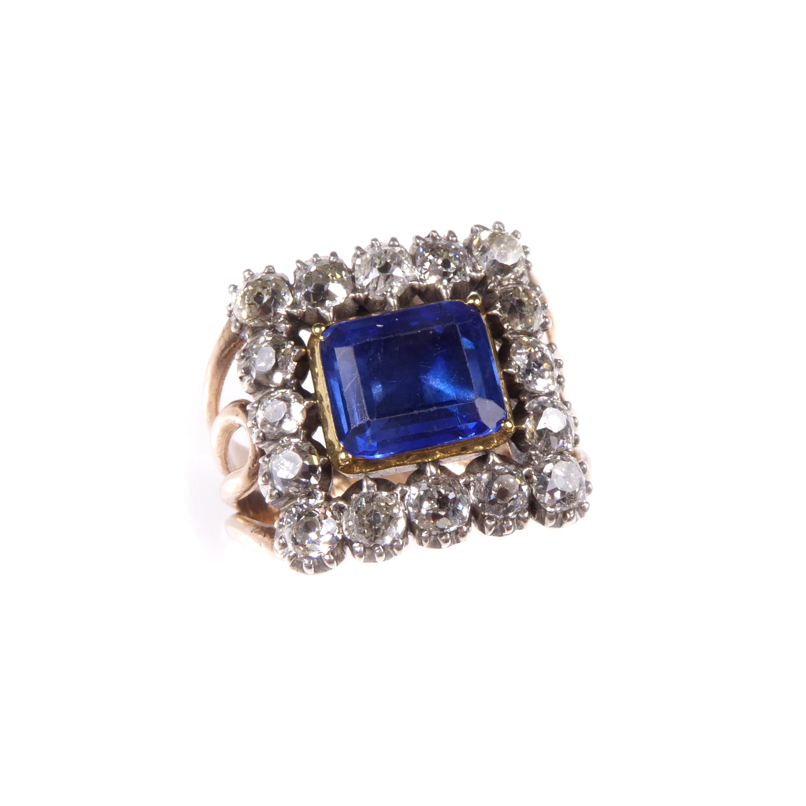 Antique sapphire and diamond square cluster ring, c.1800, formerly belonging to Gloria, the late Dowager Duchess Countess Bathurst,